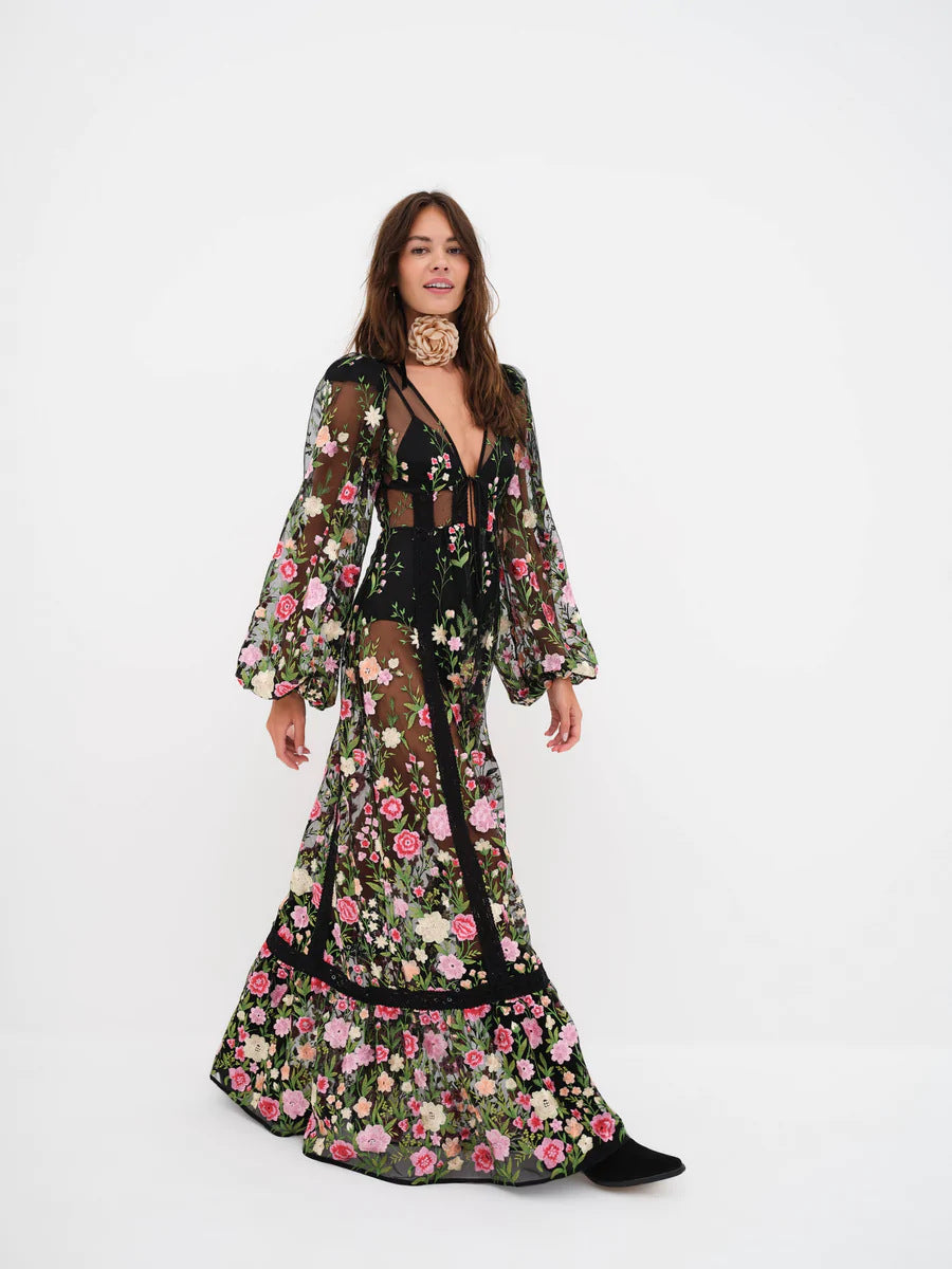 Sabrina - Floral maxi dress with sheer lace and bohemian style