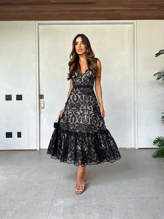 Luciana - Abito midi in pizzo con fiocchi