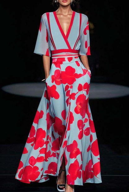 Amara – Floral Print Maxi Dress with V-Neck and Wide Sleeves