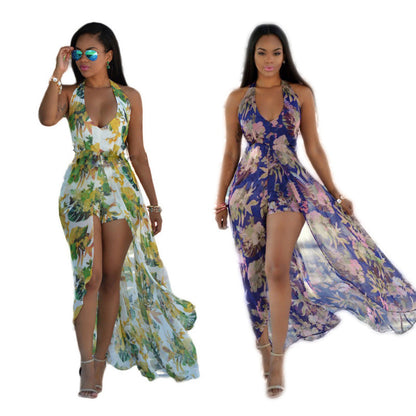 Ladies airy maxi dress with V-neck and floral accents Ivyshape