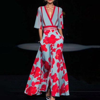 Amara – Floral Print Maxi Dress with V-Neck and Wide Sleeves