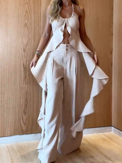 Solenya™ | Ruffle Slit Halter Top & Wide-Leg Pants Set