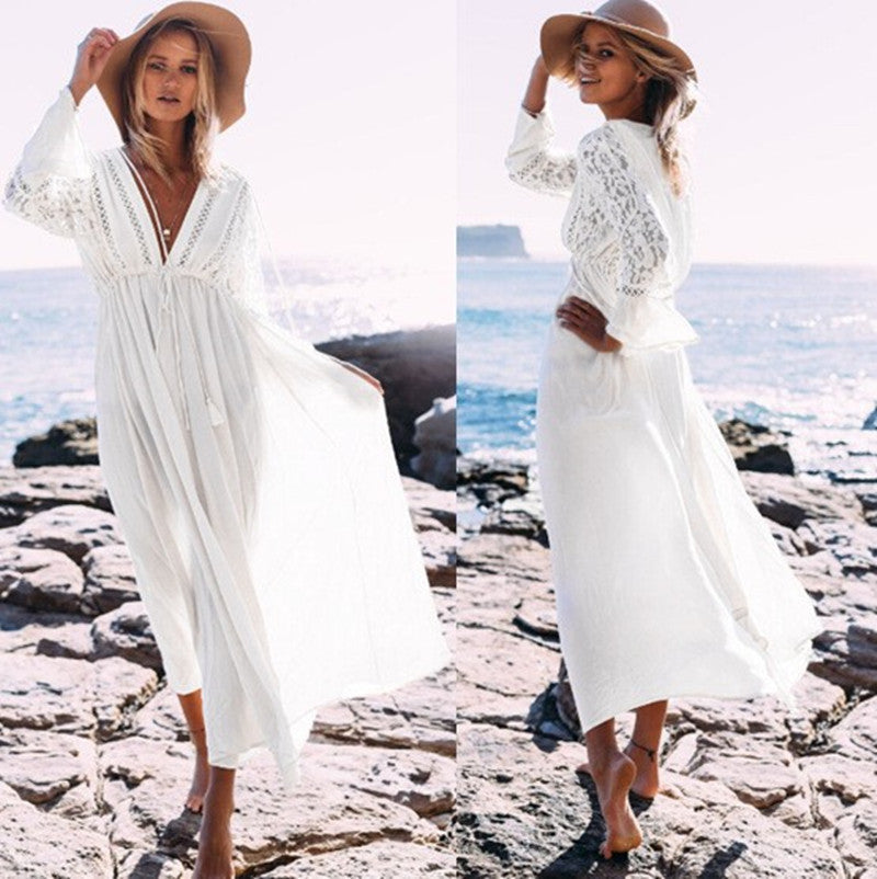 Women's beach robe with elegant crochet embellishment and wide flared sleeves Ivyshape