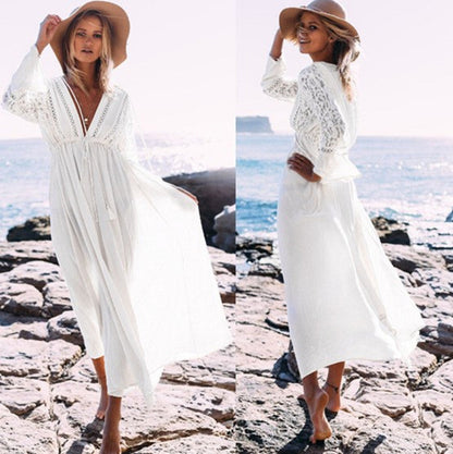 Women's beach robe with elegant crochet embellishment and wide flared sleeves Ivyshape