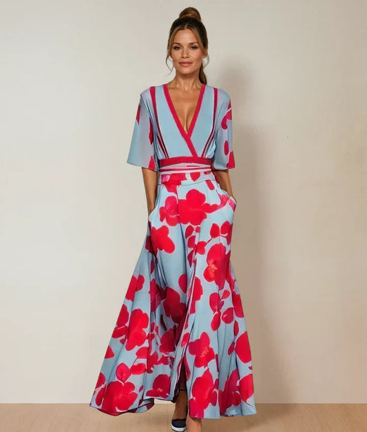 Amara – Floral Print Maxi Dress with V-Neck and Wide Sleeves