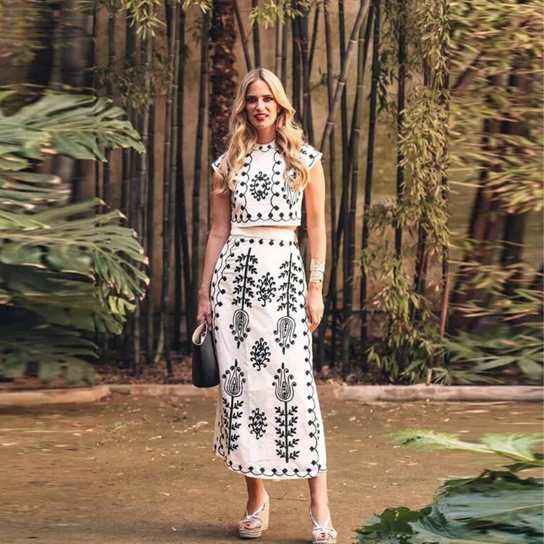 Carmen – Boho Embroidered Two-Piece Set with Crop Top & Wrap Skirt