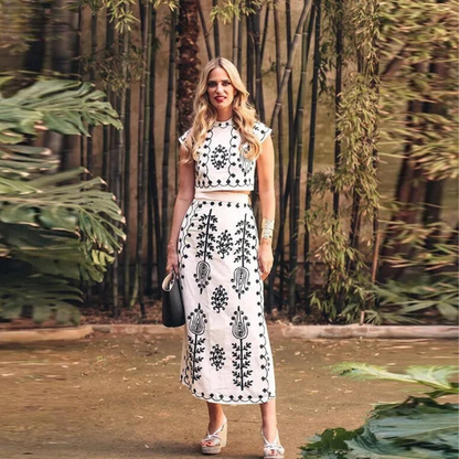 Carmen – Boho Embroidered Two-Piece Set with Crop Top & Wrap Skirt