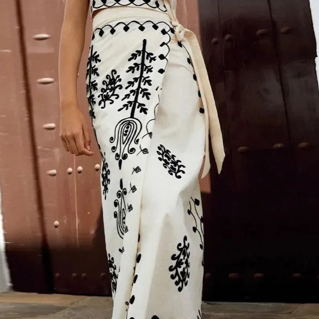 Carmen – Boho Embroidered Two-Piece Set with Crop Top & Wrap Skirt
