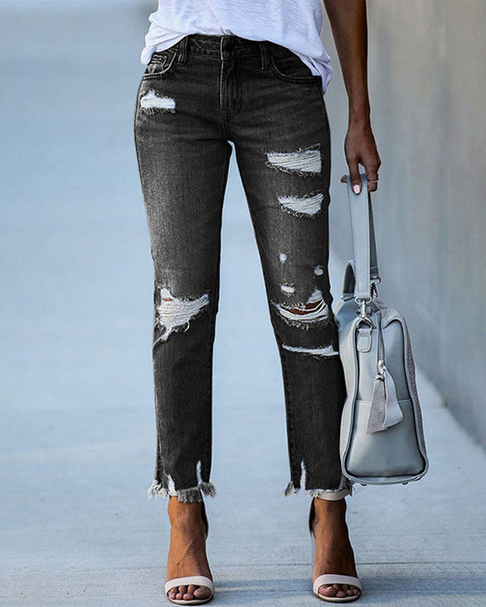 Ivyshape | Women Chic Torned Jeans Denim