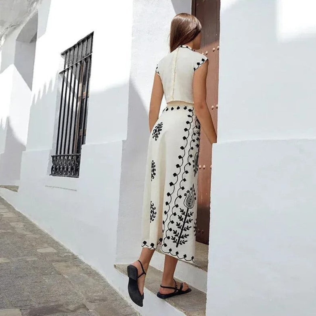 Carmen – Boho Embroidered Two-Piece Set with Crop Top & Wrap Skirt