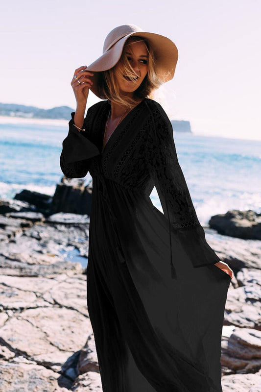 Women's beach robe with elegant crochet embellishment and wide flared sleeves Ivyshape