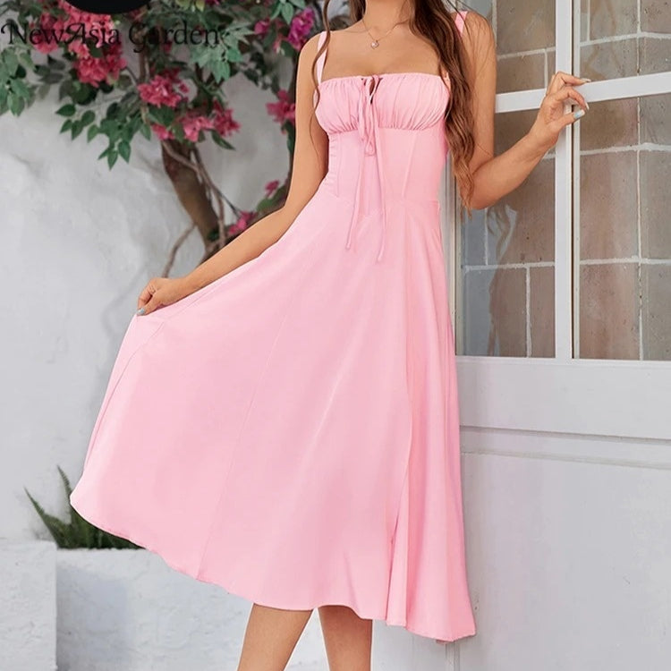 Sienna™ – Light Pink Midi Sundress with Spaghetti Straps