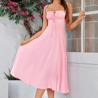 Sienna™ – Light Pink Midi Sundress with Spaghetti Straps