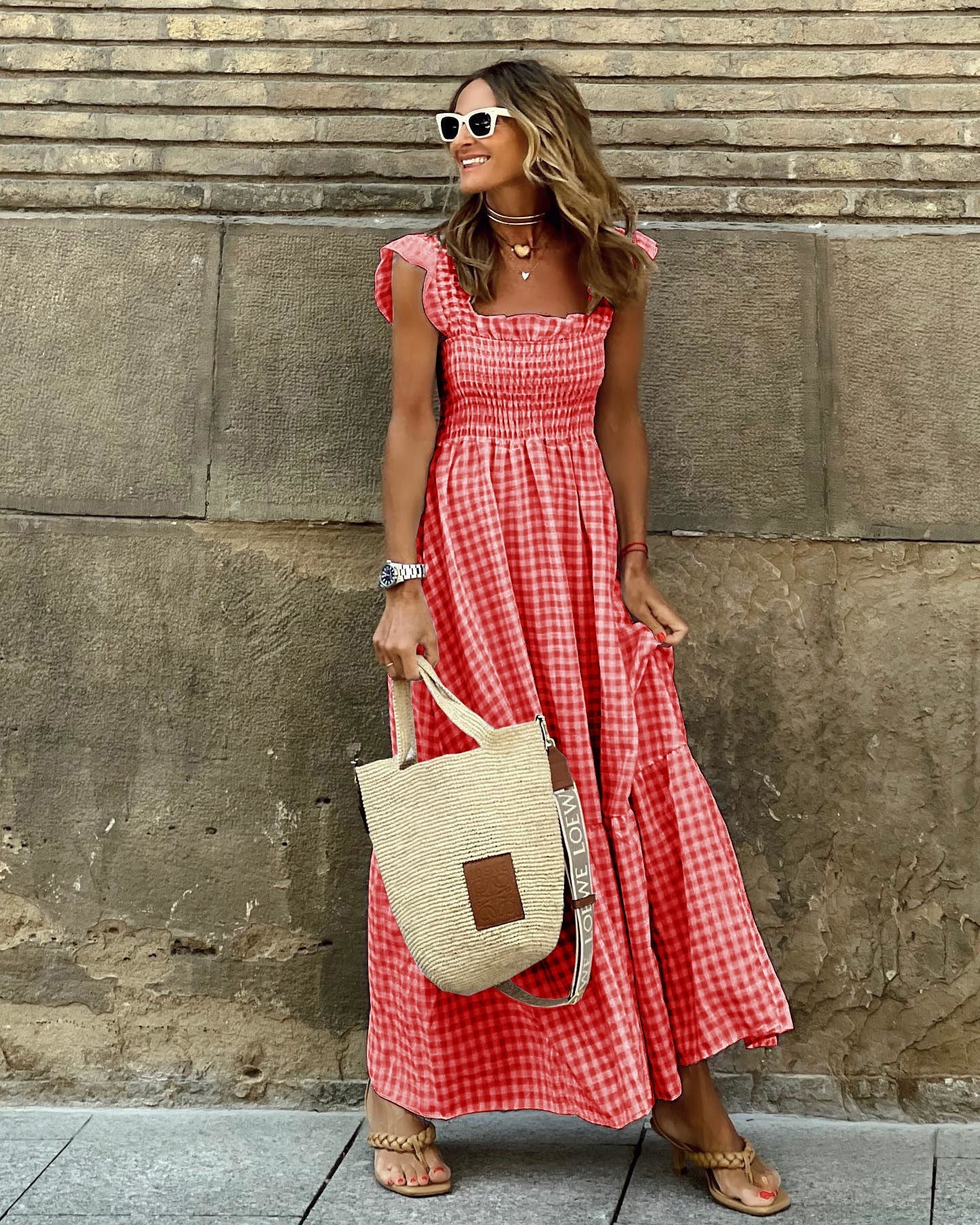 Sabrina - Maxi dress with square print for an elegant spring