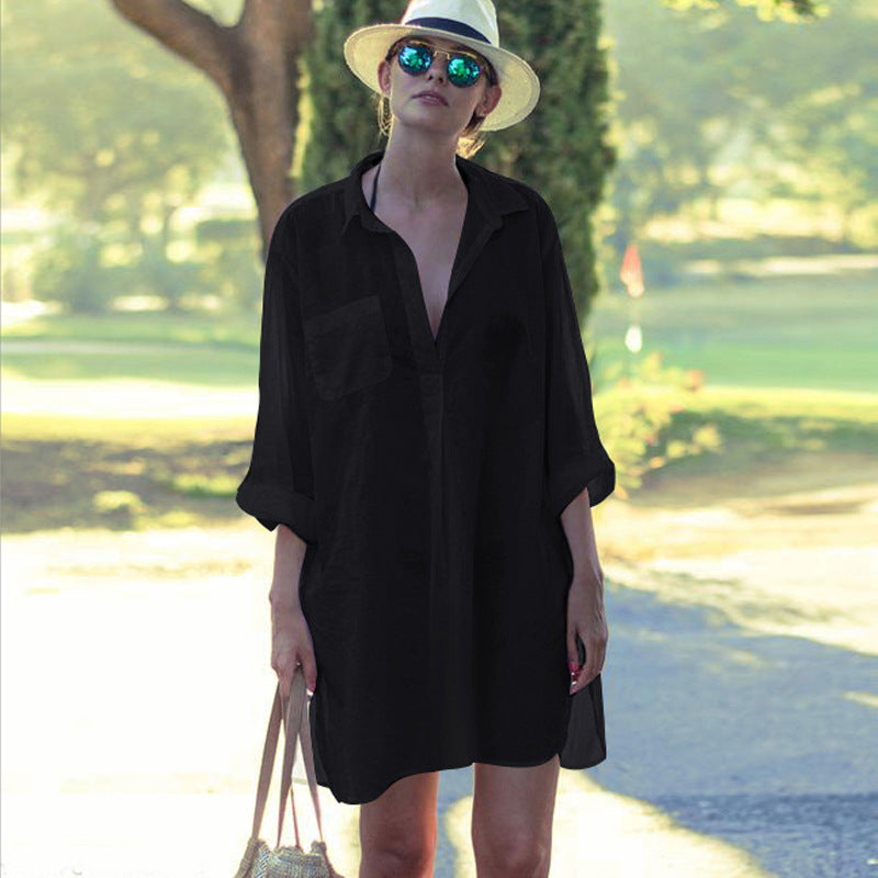 Ladies casual beach blouse with deep V-neck and long sleeves Ivyshape