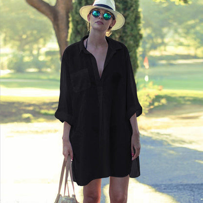 Ladies casual beach blouse with deep V-neck and long sleeves Ivyshape