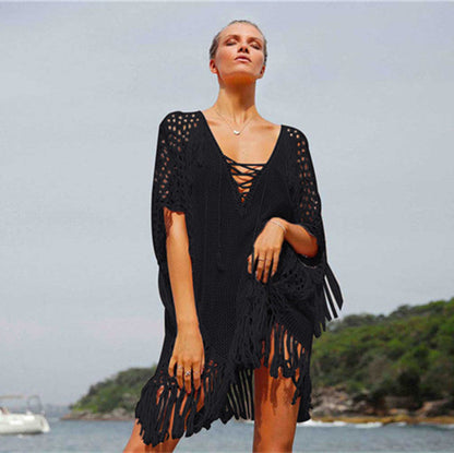 Women's net beach cover-up with elegant fringes and deep V-neck Ivyshape