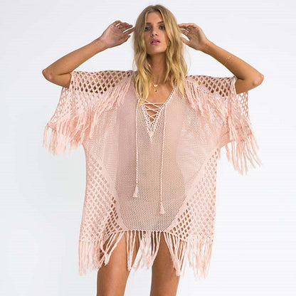 Women's net beach cover-up with elegant fringes and deep V-neck Ivyshape