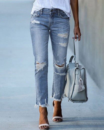 Ivyshape | Women Chic Torned Jeans Denim