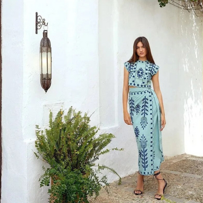 Carmen – Boho Embroidered Two-Piece Set with Crop Top & Wrap Skirt