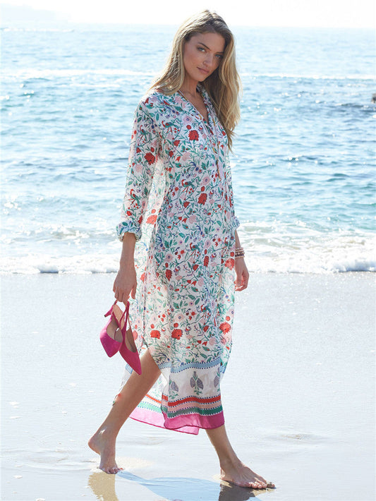 Women's beach tunic with floral pattern mix and long sleeves Ivyshape