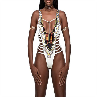 Ladies one-piece swimsuit with unique ethnic embroidery and open sides Ivyshape