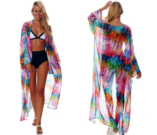 Women's Transparent Beach Kimono with Colorful Feather Design Ivyshape