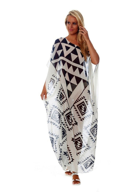 Ladies Maxi Beach Cover-up with Graphic Pattern and Side Slits Ivyshape