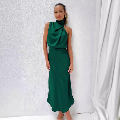 Sabrina - Satin midi dress with asymmetrical one-shoulder design