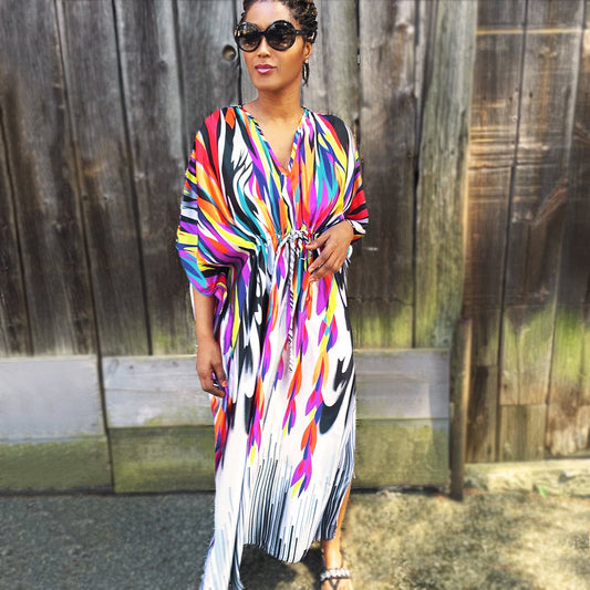 Women’s Maxi Kaftan with trendy watercolor pattern and elegant lacing Ivyshape