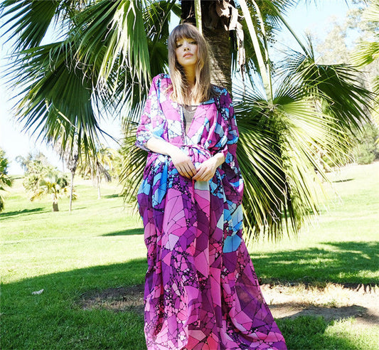 Women airy maxi kaftan with modern graphic pattern Ivyshape