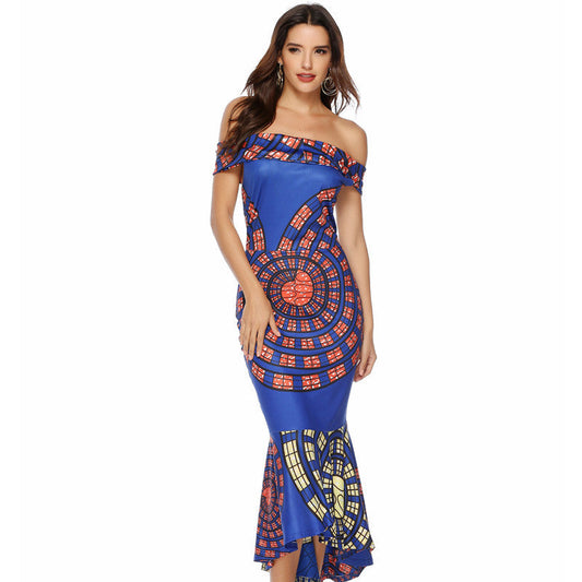 Ladies Off-Shoulder Graphic Print Maxi Dress Ivyshape