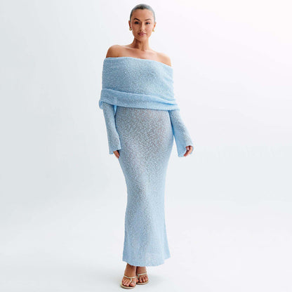 Ladies elegant maxi dress with off-the-shoulder top and fine knit pattern Ivyshape