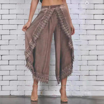 Ladies Elegant Lace Trim Wide Pants Ivyshape