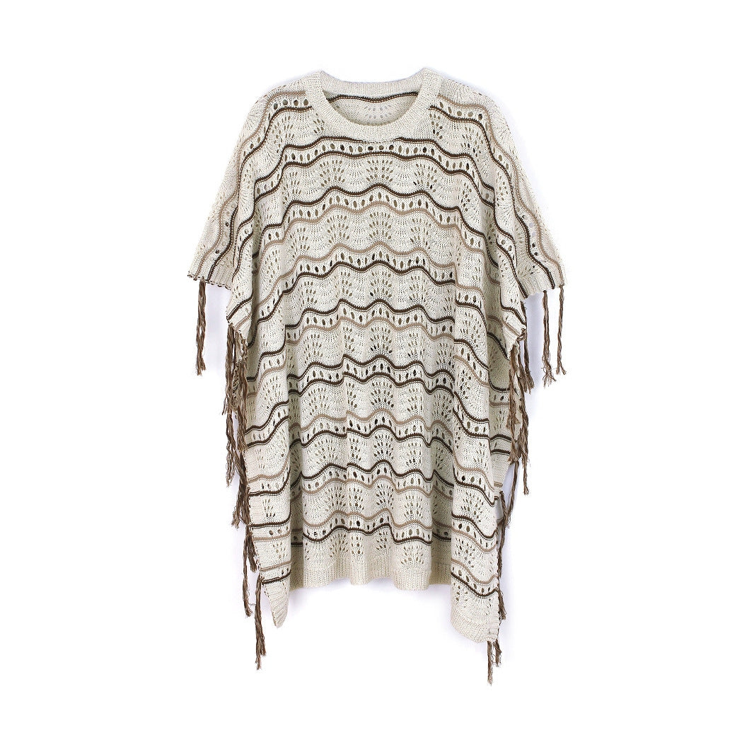 Ladies airy crochet poncho with frayed design Ivyshape