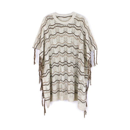 Ladies airy crochet poncho with frayed design Ivyshape