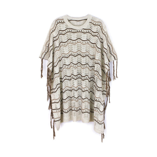Ladies airy crochet poncho with frayed design Ivyshape