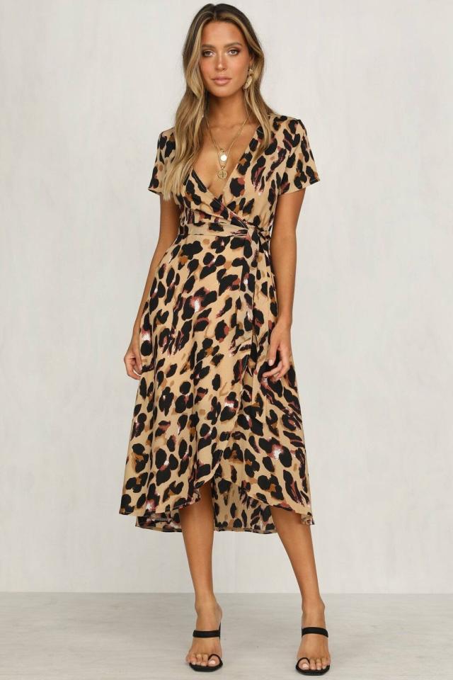 Women's wrap dress with fashionable leopard print and asymmetric hem Ivyshape
