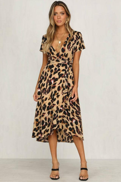 Women's wrap dress with fashionable leopard print and asymmetric hem Ivyshape