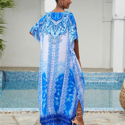 Women’s Maxi Kaftan with artistic azure pattern and elegant V-neck Ivyshape