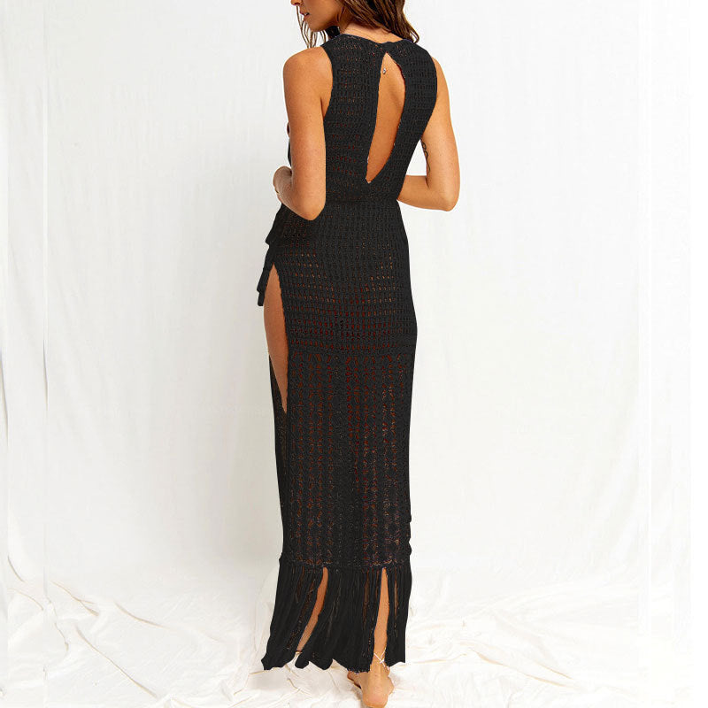 Women's Crochet Beach Dress with Fringed Hem and Side Slit Ivyshape