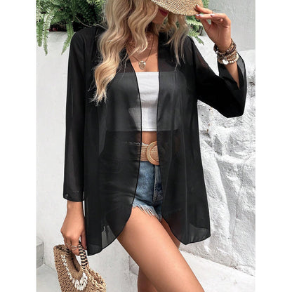Ladies Transparent Beach Jacket with Loose-Fitting Sleeves and Pockets Ivyshape