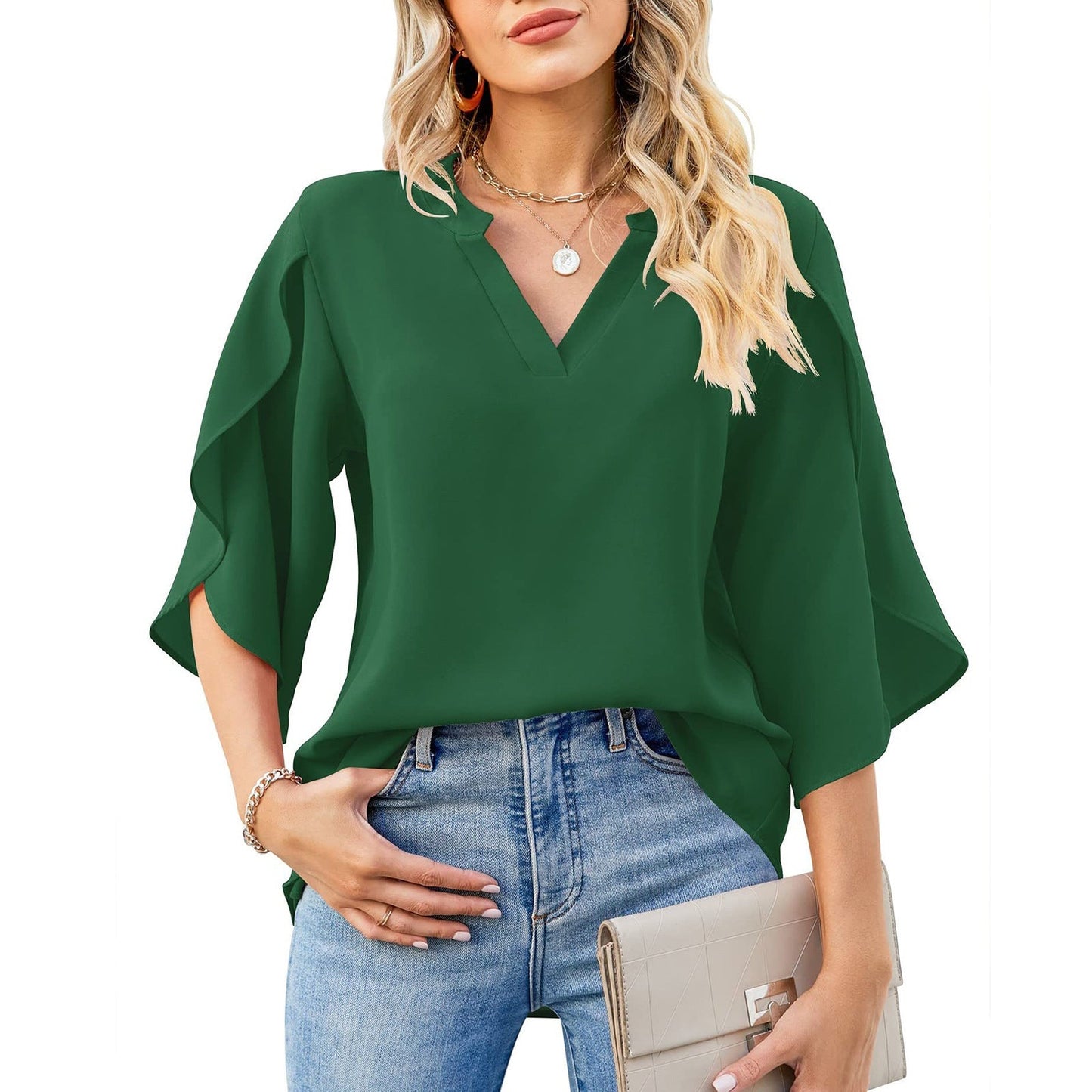 Women's Elegant Blouse with Asymmetric Sleeve and V-Neck Ivyshape