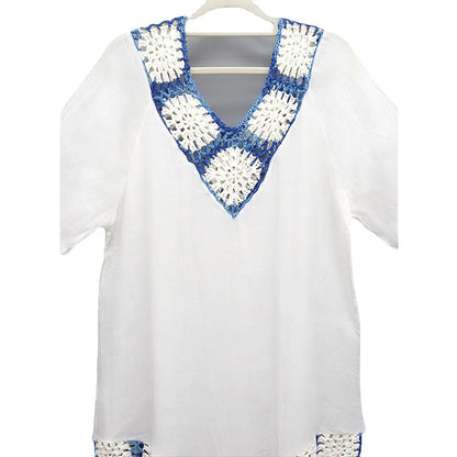 Ladies airy beach tunic with fringed details and crocheted pattern Ivyshape