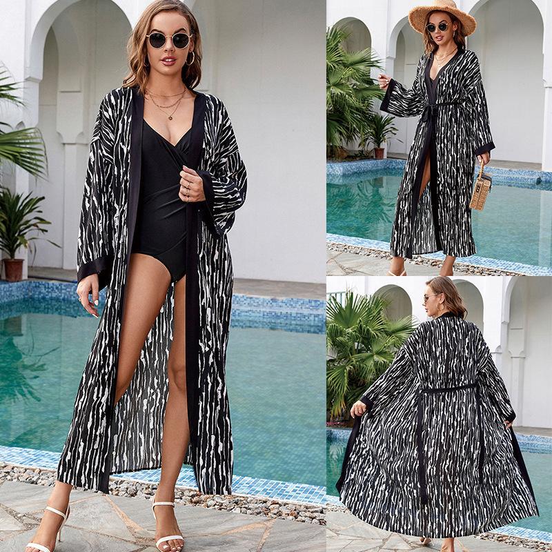 Ladies elegant beach kimono with sophisticated palm pattern and adjustable belt Ivyshape