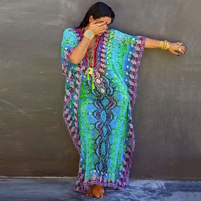 Ladies Maxi Kaftan with exotic pattern mix and elegant V-neck Ivyshape
