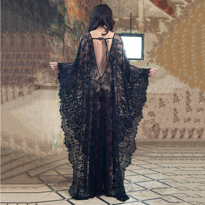 Ladies Elegant Lace Beach Robe with Wide Cut Sleeves and Deep V-Neck Ivyshape
