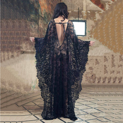 Ladies Elegant Lace Beach Robe with Wide Cut Sleeves and Deep V-Neck Ivyshape