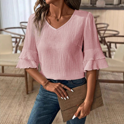 Women V-neck blouse with ruffle details and textured fabric Ivyshape