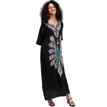 Women's versatile maxi dress with artistic peacock motif Ivyshape